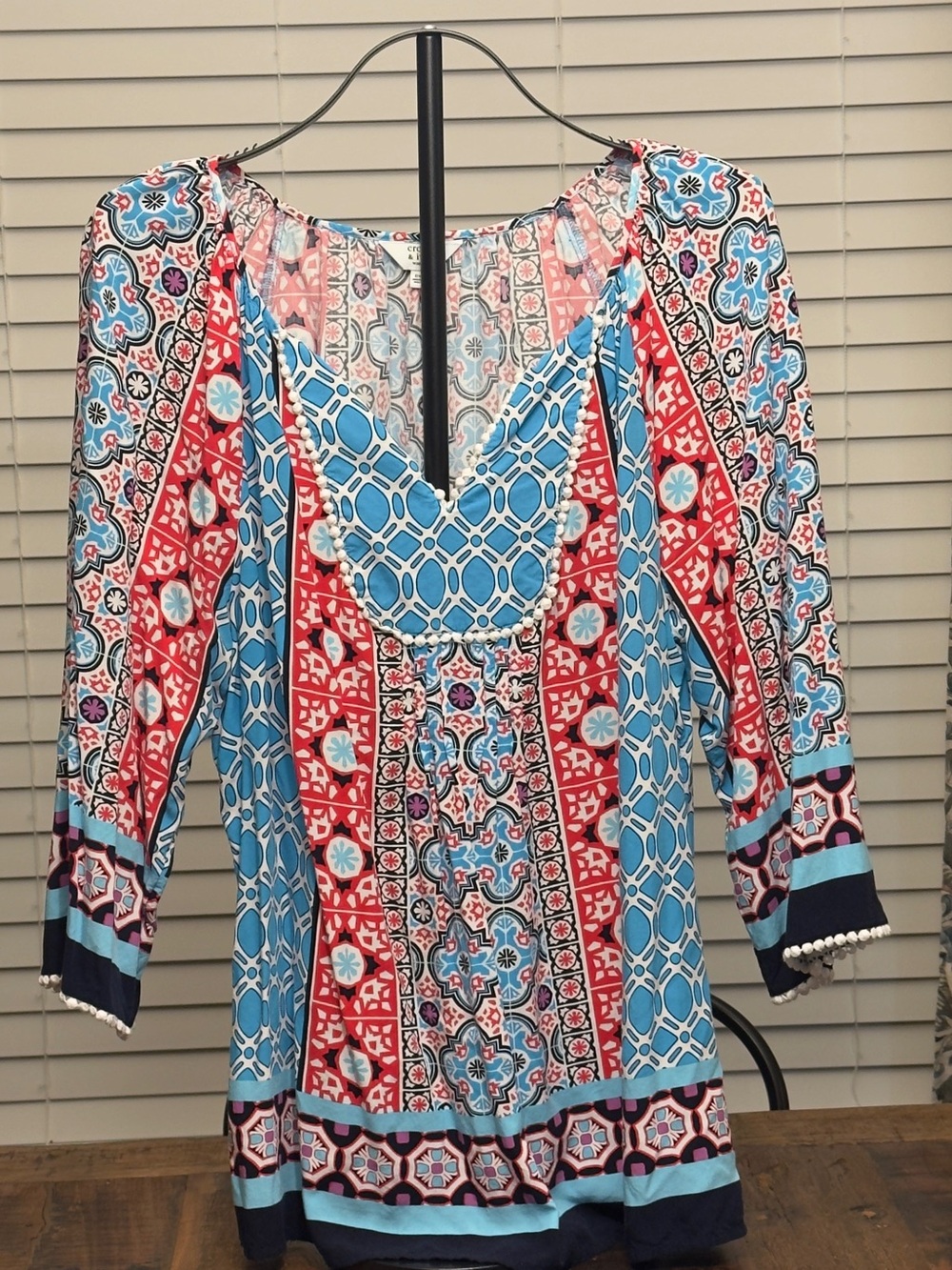 Crown & Ivy Women's Peasant Top in Blue & Red 0X